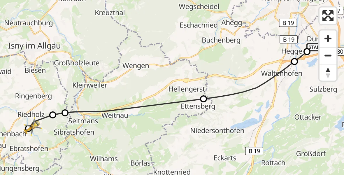 Flugroute Rettungshubschrauber Kempten-Durach Flugplatz - Maierhöfen, 12 Juli 2026, 12:00