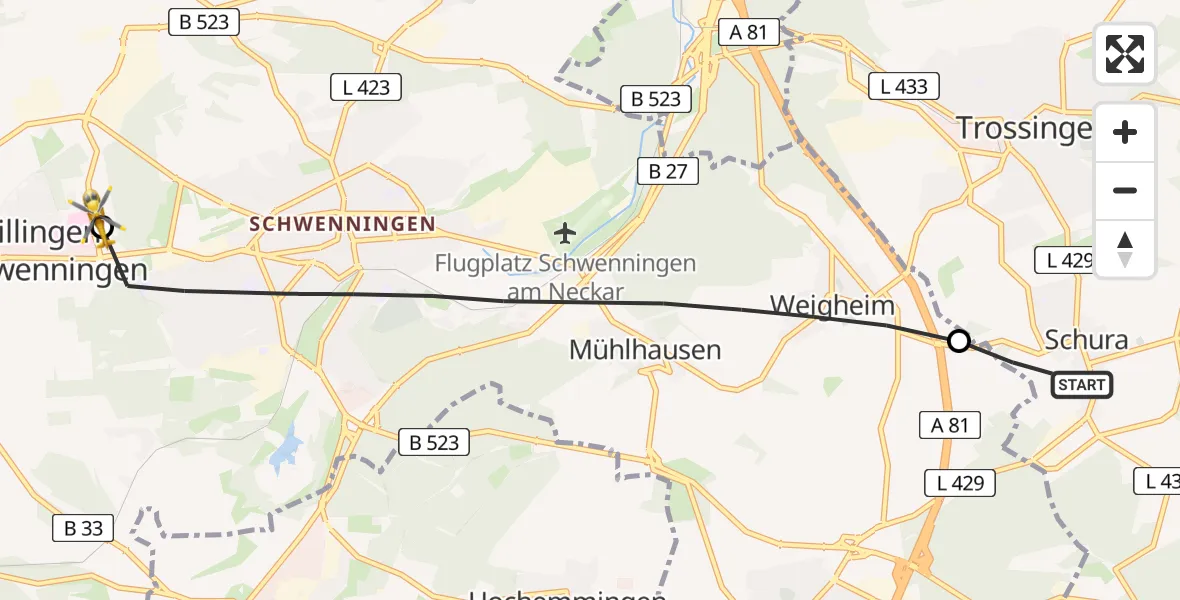 Flugroute Ambulanzhubschrauber Trossingen - DRF Air Rescue Station Villingen-Schwenningen Hubschrauberlandeplatz (Christoph 11), 12 Juli 2026, 12:02