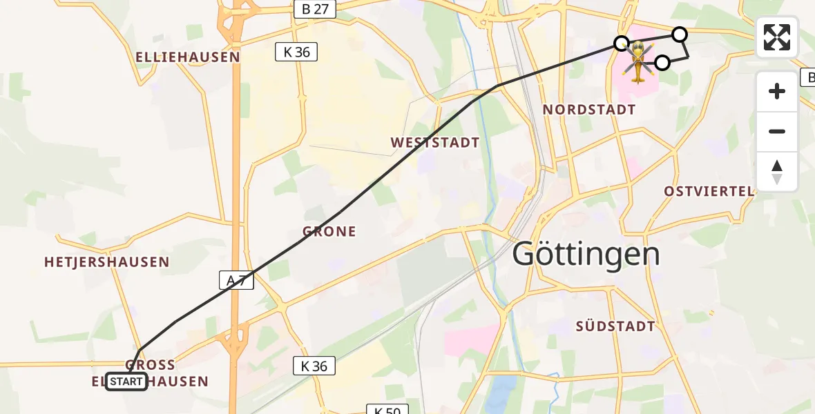 Flugroute Rettungshubschrauber Göttingen - Göttingen University Clinic Hubschrauberlandeplatz, 12 Juli 2026, 12:03