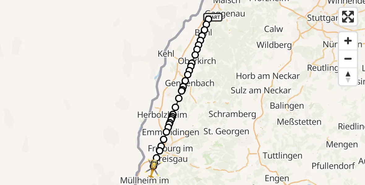 Flugroute Ambulanzhubschrauber Baden-Baden - Bad Krozingen, 12 Juli 2026, 12:04