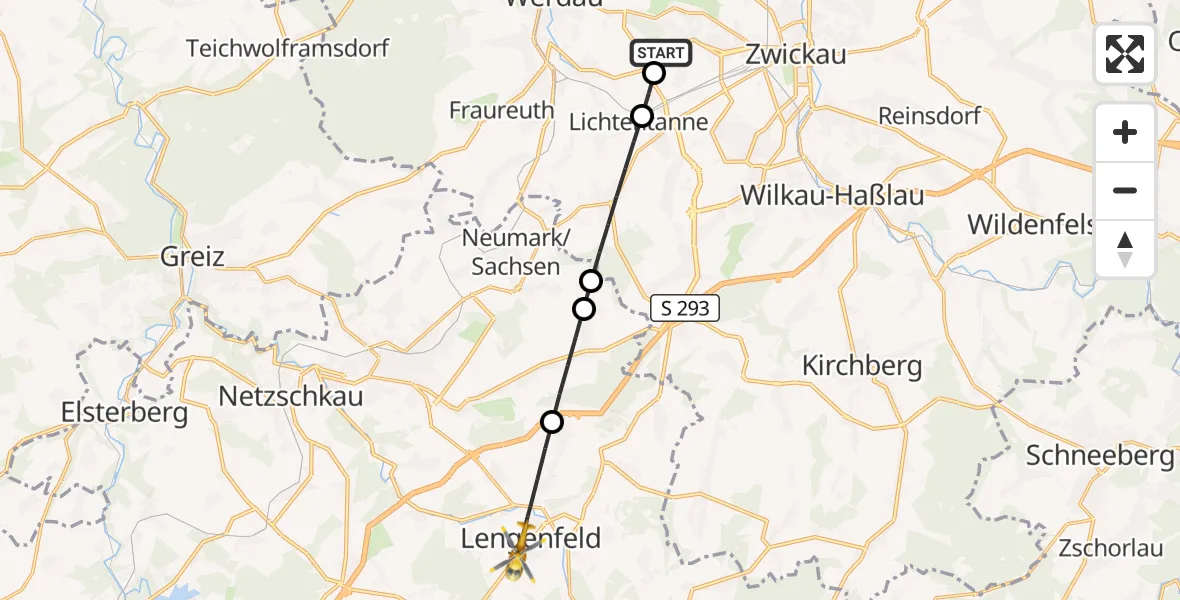 Flugroute Rettungshubschrauber ADAC Air Rescue Station Zwickau Hubschrauberlandeplatz - Lengenfeld, 12 Juli 2026, 12:10
