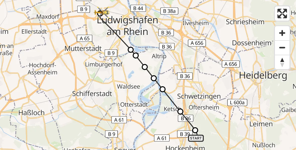 Flugroute Rettungshubschrauber Hockenheim - Ludwigshafen Accident Hospital, 12 Juli 2026, 12:13