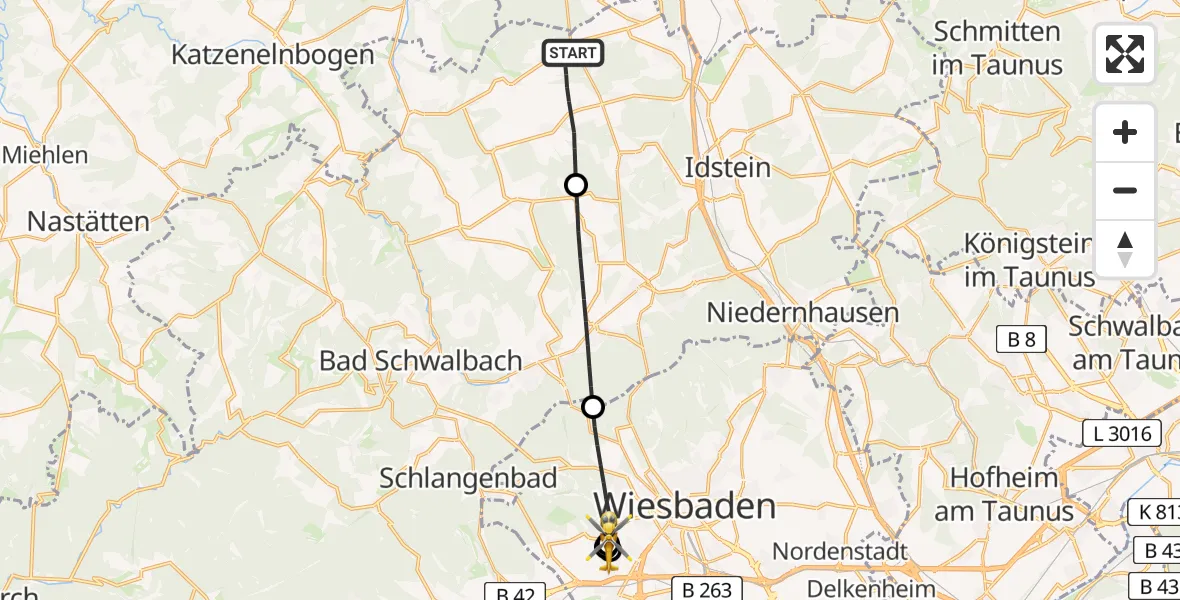Flugroute Rettungshubschrauber Hünstetten - Helios Horst Schmidt Klinik (HSK) Hubschrauberlandeplatz, 12 Juli 2026, 12:13