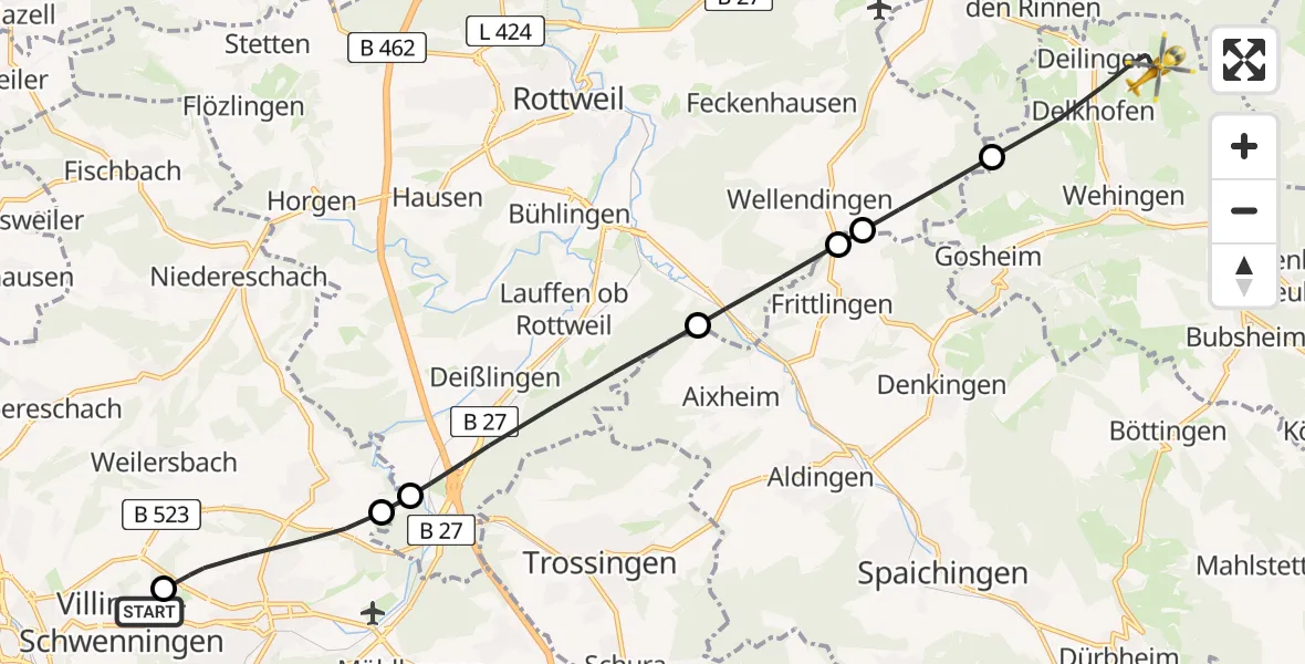 Flugroute Ambulanzhubschrauber DRF Air Rescue Station Villingen-Schwenningen Hubschrauberlandeplatz (Christoph 11) - Deilingen, 12 Juli 2026, 12:16