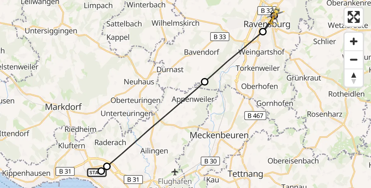 Flugroute Rettungshubschrauber Friedrichshafen Hospital - Sankt Elisabeth Hospital, 12 Juli 2026, 12:16