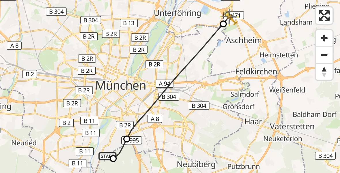 Flugroute Rettungshubschrauber ADAC Air Rescue Center Hubschrauberlandeplatz (Christoph 1) - Aschheim, 12 Juli 2026, 12:22