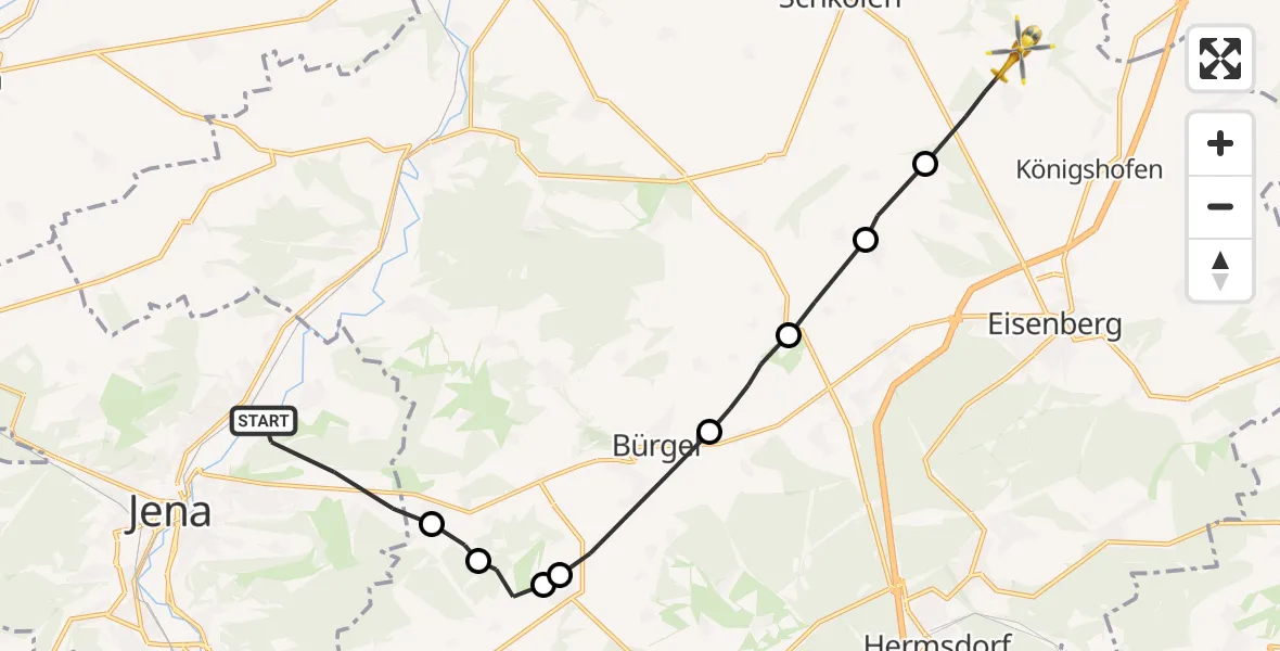 Flugroute Rettungshubschrauber Jena - Heideland, 12 Juli 2026, 12:23