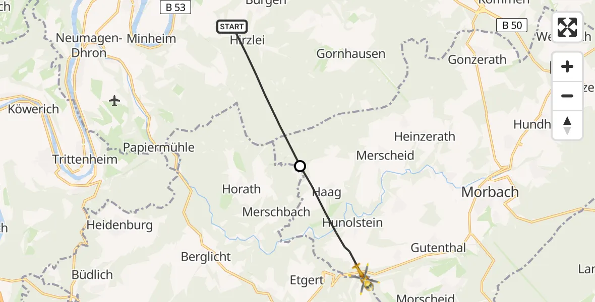 Flugroute Rettungshubschrauber Wintrich - Morbach, 12 Juli 2026, 12:24