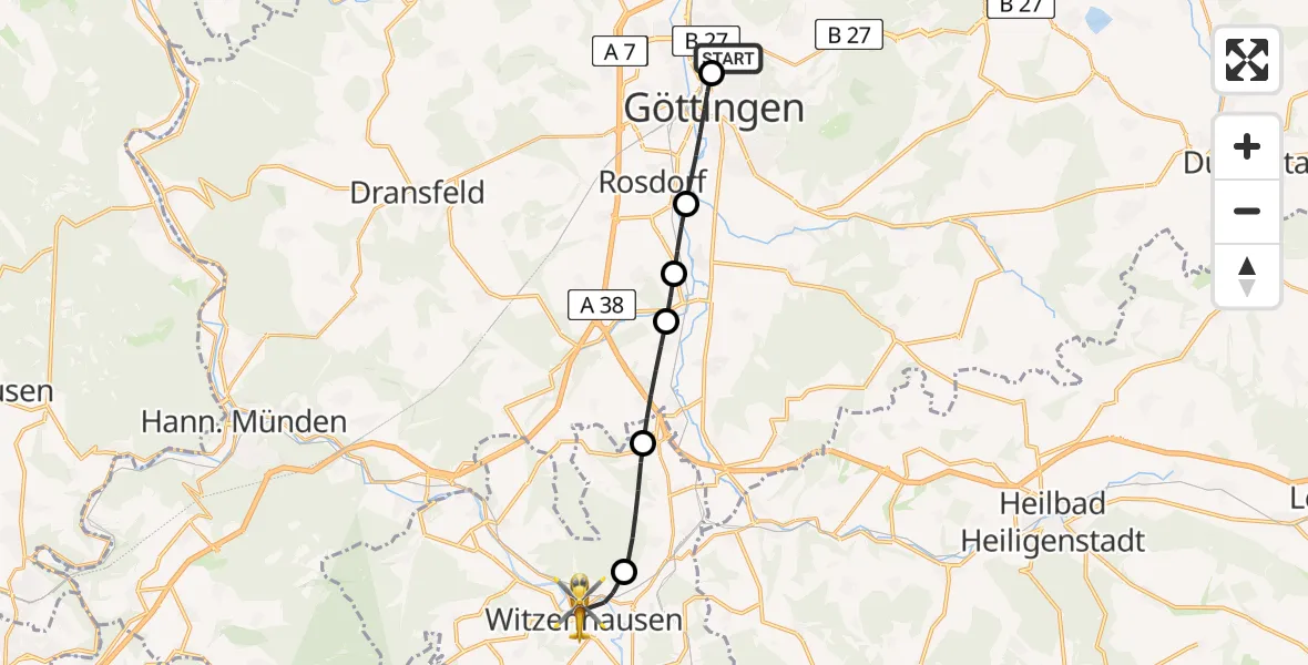 Flugroute Rettungshubschrauber Göttingen University Clinic Hubschrauberlandeplatz - Witzenhausen, 12 Juli 2026, 12:29