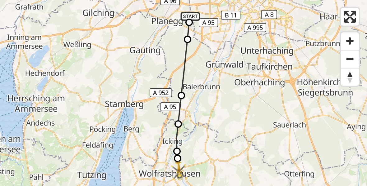 Flugroute Rettungshubschrauber DRF Air Rescue München Hubschrauberlandeplatz - Pupplinger Au, 12 Juli 2026, 12:30