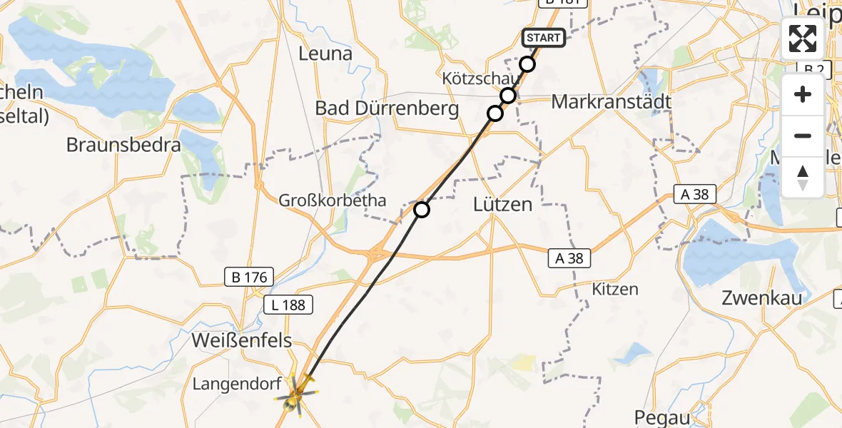 Flugroute Rettungshubschrauber Leuna - Lützen, 12 Juli 2026, 12:33