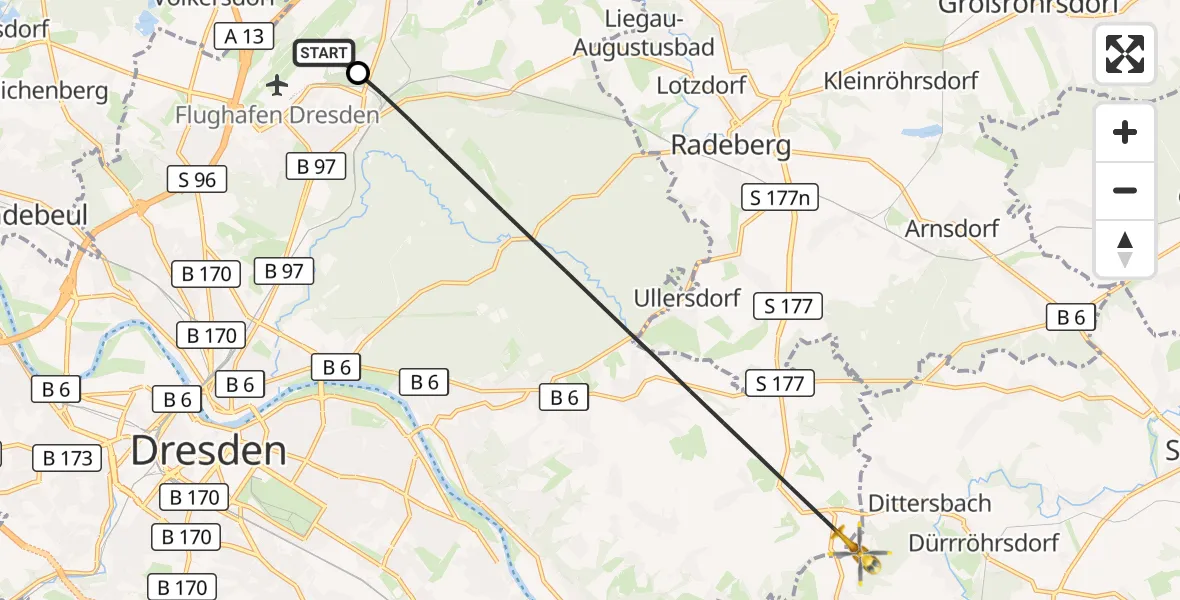 Flugroute Rettungshubschrauber Dresden Bundespolizei Hubschrauberlandeplatz - Dürrröhrsdorf-Dittersbach, 12 Juli 2026, 12:35