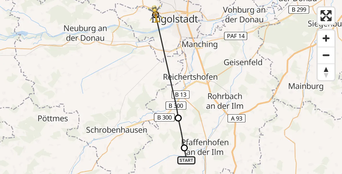 Flugroute Rettungshubschrauber Scheyern - Ingolstadt Hospital, 12 Juli 2026, 12:35