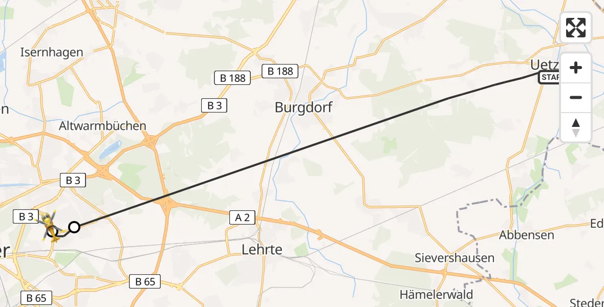 Flugroute Rettungshubschrauber Uetze - Hannover Luftrettung Hubschrauberlandeplatz (Christoph 4), 12 Juli 2026, 12:36