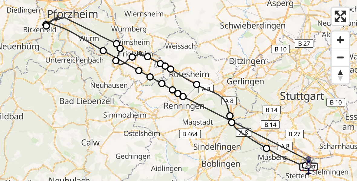 Flugroute Polizeihubschrauber Flughafen Stuttgart - Flughafen Stuttgart, 12 Juli 2026, 12:37