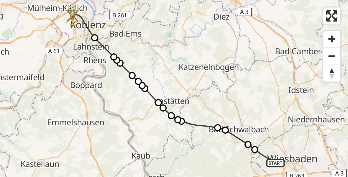 Flugroute Rettungshubschrauber Wiesbaden - Koblenz, 12 Juli 2026, 12:45