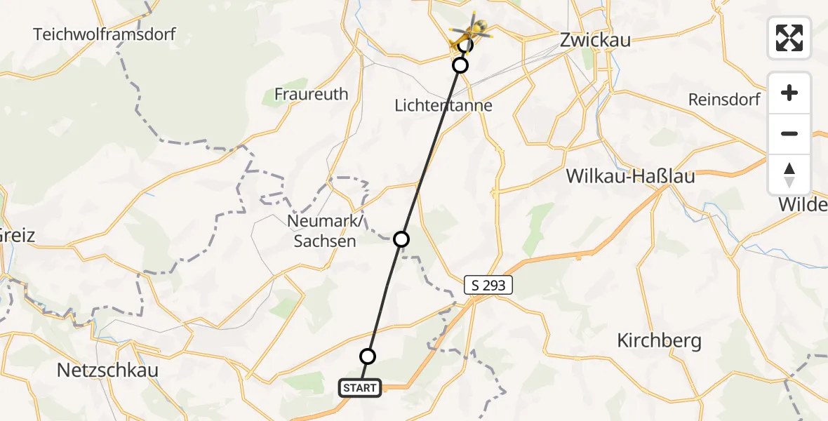Flugroute Rettungshubschrauber Lengenfeld - ADAC Air Rescue Station Zwickau Hubschrauberlandeplatz, 12 Juli 2026, 12:45