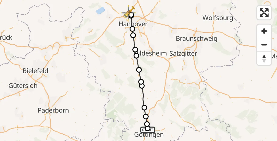 Flugroute Rettungshubschrauber Göttingen - Flughafen Hannover, 12 Juli 2026, 12:45