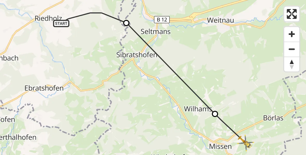 Flugroute Rettungshubschrauber Maierhöfen - Missen-Wilhams, 12 Juli 2026, 12:45