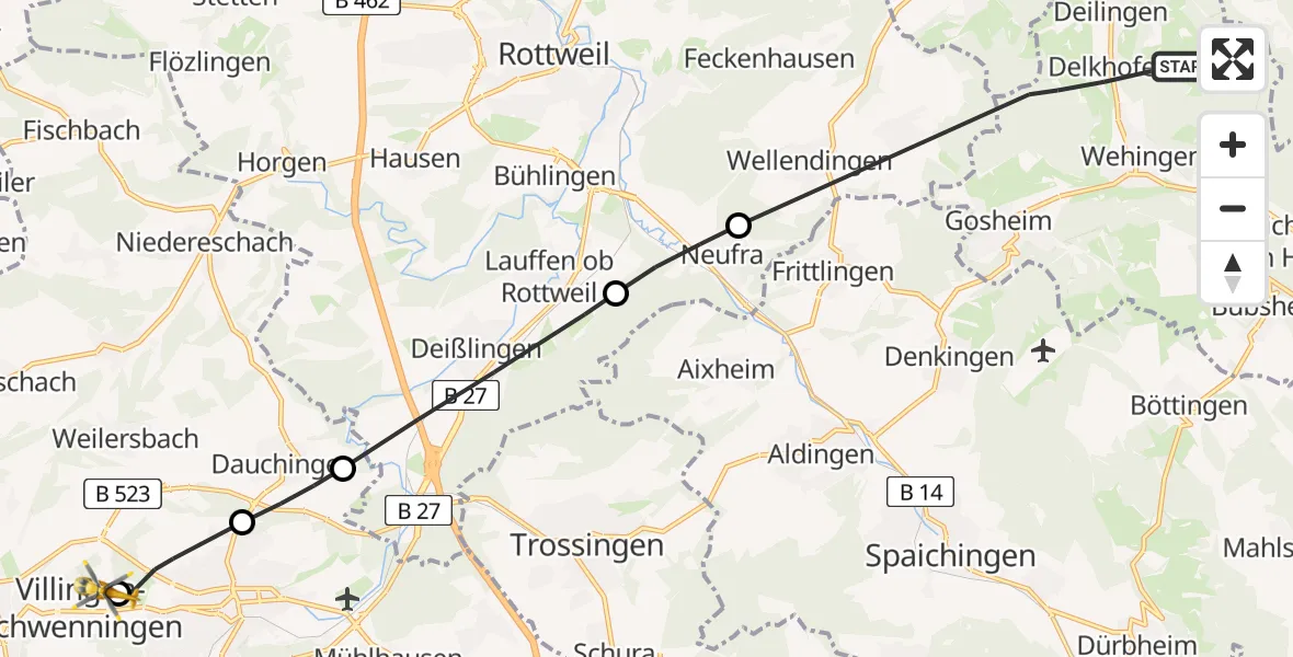 Flugroute Ambulanzhubschrauber Deilingen - DRF Air Rescue Station Villingen-Schwenningen Hubschrauberlandeplatz (Christoph 11), 12 Juli 2026, 12:46