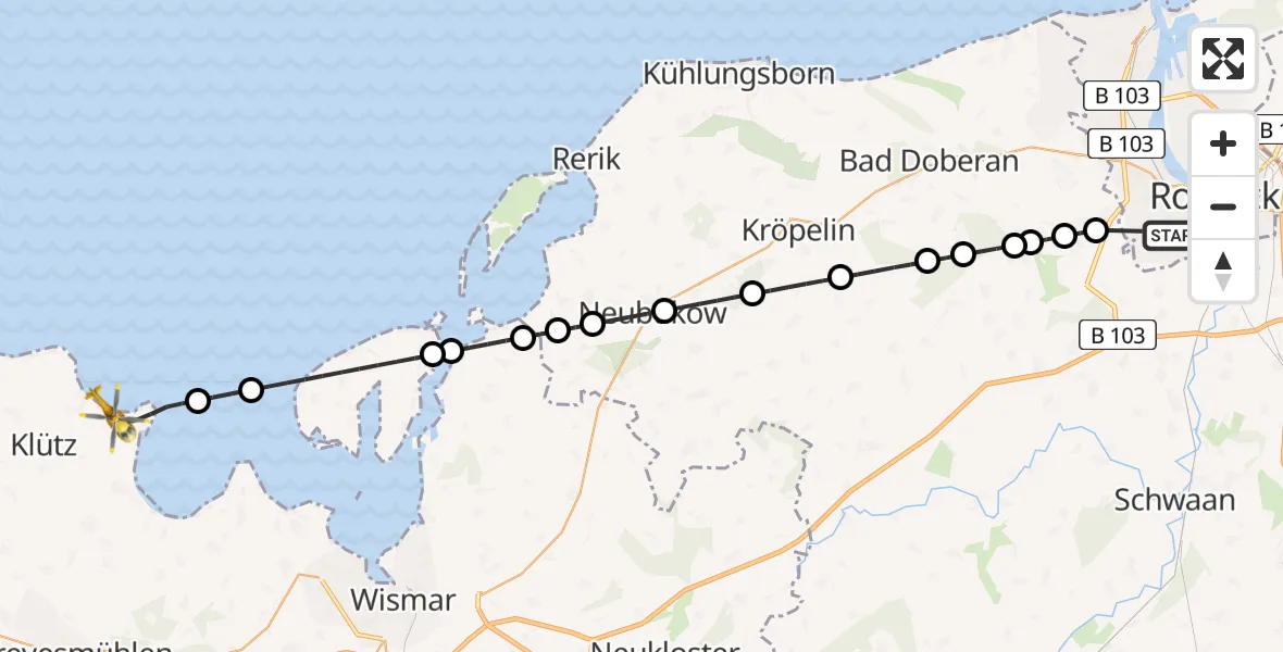 Flugroute Rettungshubschrauber Rostock - Boltenhagen, 12 Juli 2026, 12:47