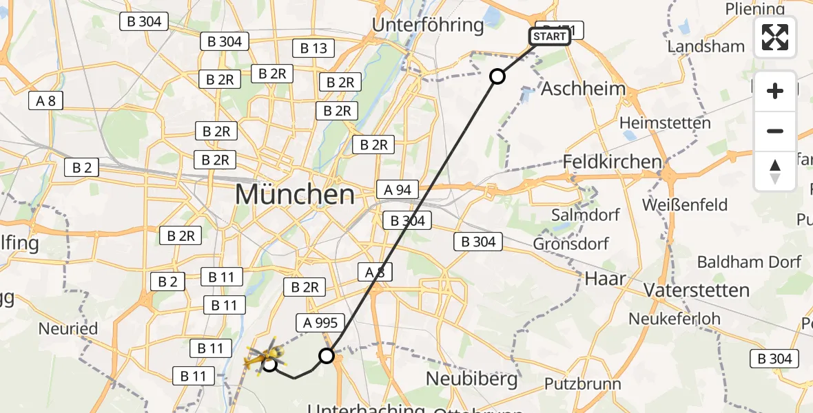 Flugroute Rettungshubschrauber Aschheim - ADAC Air Rescue Center Hubschrauberlandeplatz (Christoph 1), 12 Juli 2026, 12:47