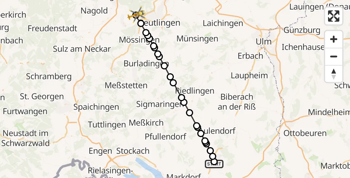 Flugroute Rettungshubschrauber Sankt Elisabeth Hospital - Tübingen University Hospital, 12 Juli 2026, 12:52