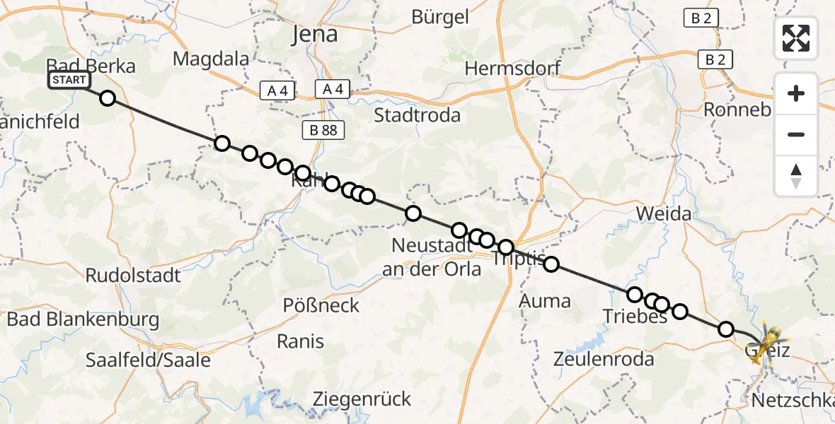 Flugroute Ambulanzhubschrauber Bad Berka - Greiz, 12 Juli 2026, 12:54