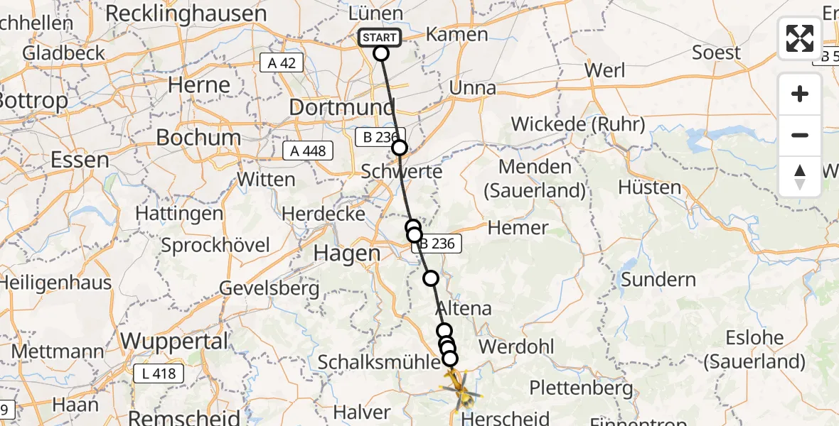 Flugroute Rettungshubschrauber Lünen - Lüdenscheid, 12 Juli 2026, 13:02