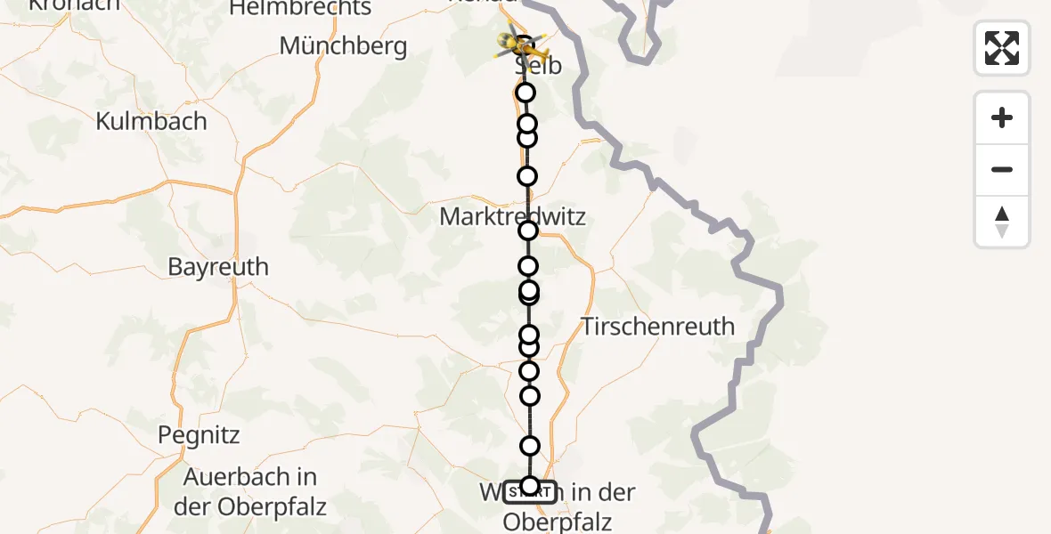 Flugroute Ambulanzhubschrauber Weiden i.d.OPf. - Selb, 12 Juli 2026, 13:04