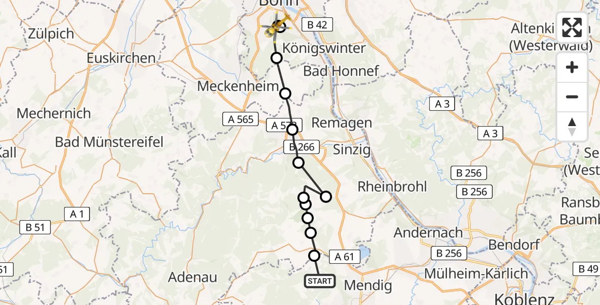 Flugroute Ambulanzhubschrauber Rieden - Bonn University Hospital, 12 Juli 2026, 13:04