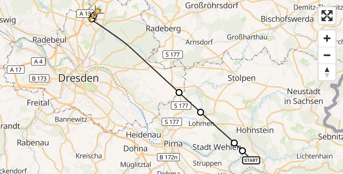 Flugroute Rettungshubschrauber Bad Schandau - Dresden Bundespolizei Hubschrauberlandeplatz, 12 Juli 2026, 13:09