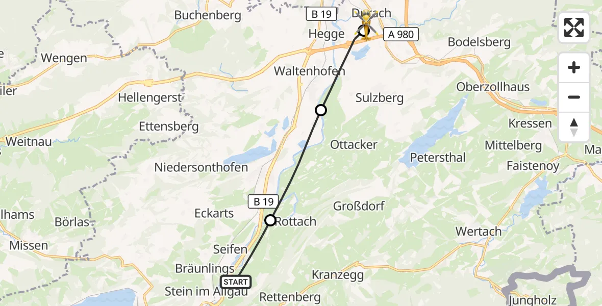 Flugroute Rettungshubschrauber Rettenberg - Kempten-Durach Flugplatz, 12 Juli 2026, 13:10