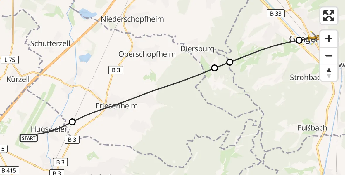Flugroute Rettungshubschrauber Lahr Flughafen - Gengenbach, 12 Juli 2026, 13:10