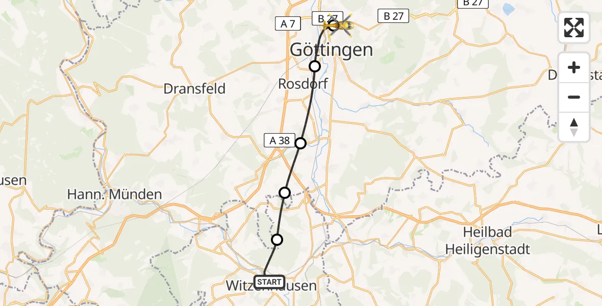 Flugroute Rettungshubschrauber Witzenhausen - Göttingen University Clinic Hubschrauberlandeplatz, 12 Juli 2026, 13:12
