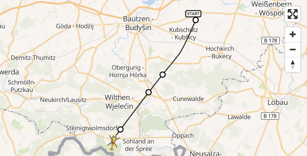 Flugroute Rettungshubschrauber Bautzen Flugplatz - Sohland a.d.Spree, 12 Juli 2026, 13:17