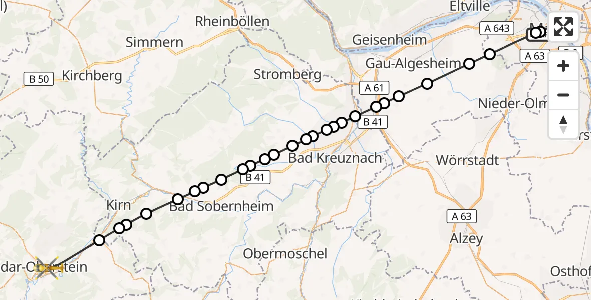 Flugroute Rettungshubschrauber Mainz University Hospital - Idar-Oberstein, 12 Juli 2026, 13:18