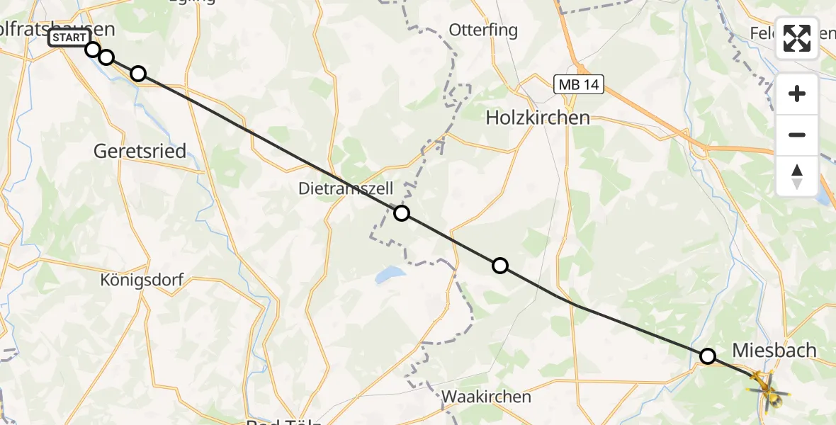 Flugroute Rettungshubschrauber Wolfratshausen - Hausham, 12 Juli 2026, 13:19