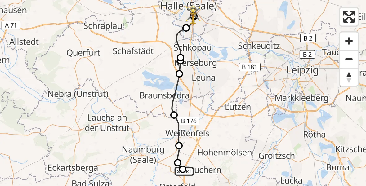 Flugroute Rettungshubschrauber Teuchern - BG Hospital Bergmannstrost Halle, 12 Juli 2026, 13:24