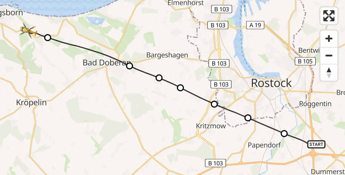 Flugroute Ambulanzhubschrauber Dummerstorf - Wittenbeck, 12 Juli 2026, 13:26