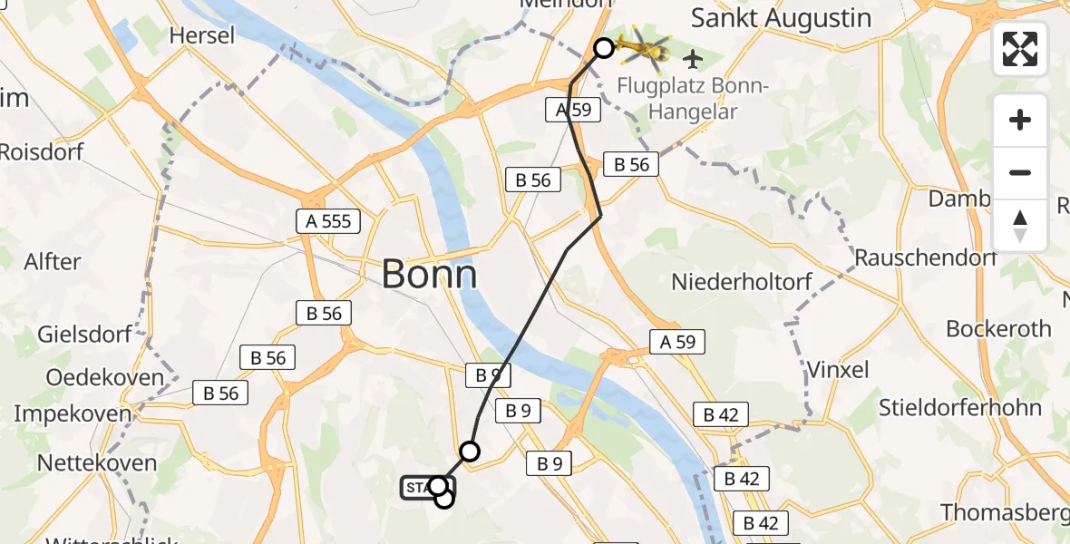 Flugroute Ambulanzhubschrauber Bonn University Hospital - Sankt Augustin, 12 Juli 2026, 13:31