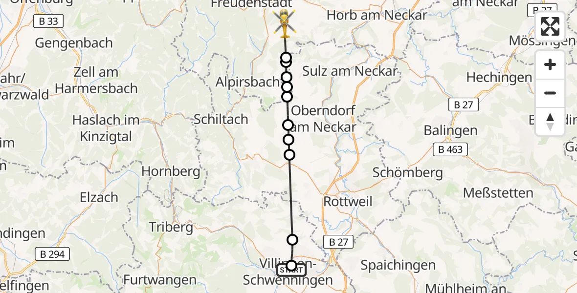 Flugroute Ambulanzhubschrauber DRF Air Rescue Station Villingen-Schwenningen Hubschrauberlandeplatz (Christoph 11) - Loßburg, 12 Juli 2026, 13:32