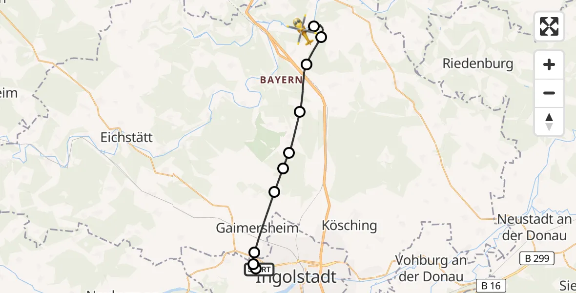 Flugroute Rettungshubschrauber Ingolstadt Hospital - Kinding, 12 Juli 2026, 13:39