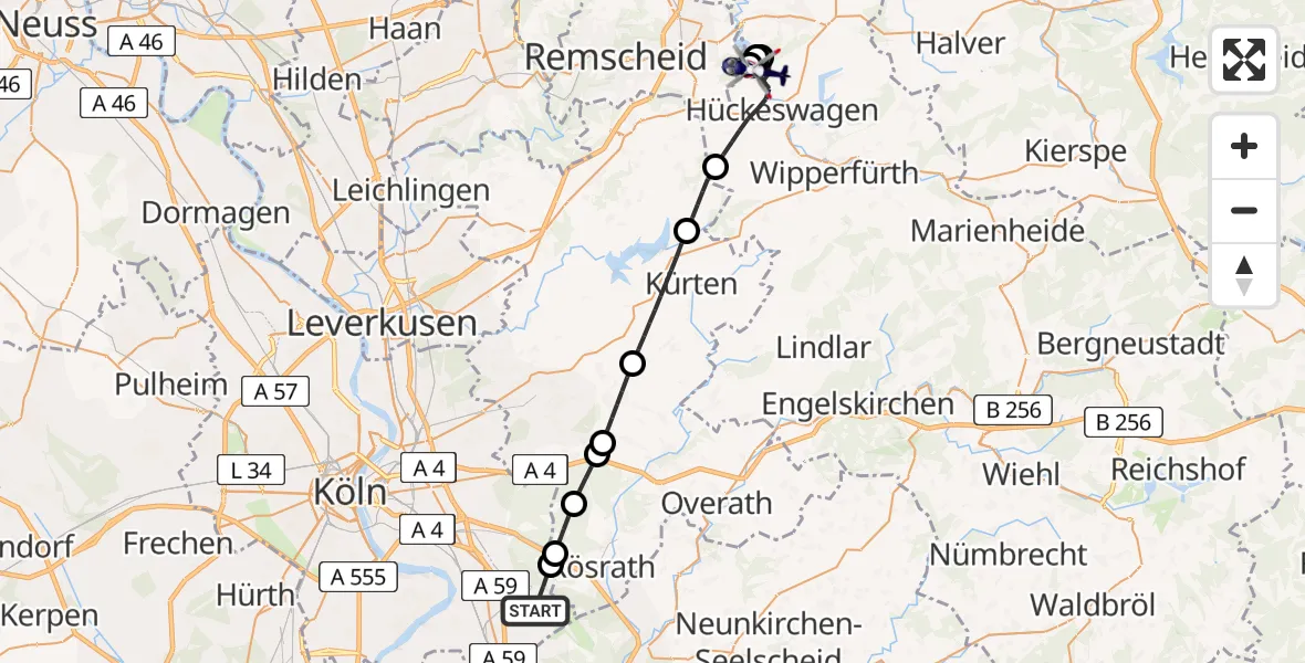 Flugroute Polizeihubschrauber Köln Bonn Flughafen - Hückeswagen, 12 Juli 2026, 13:40