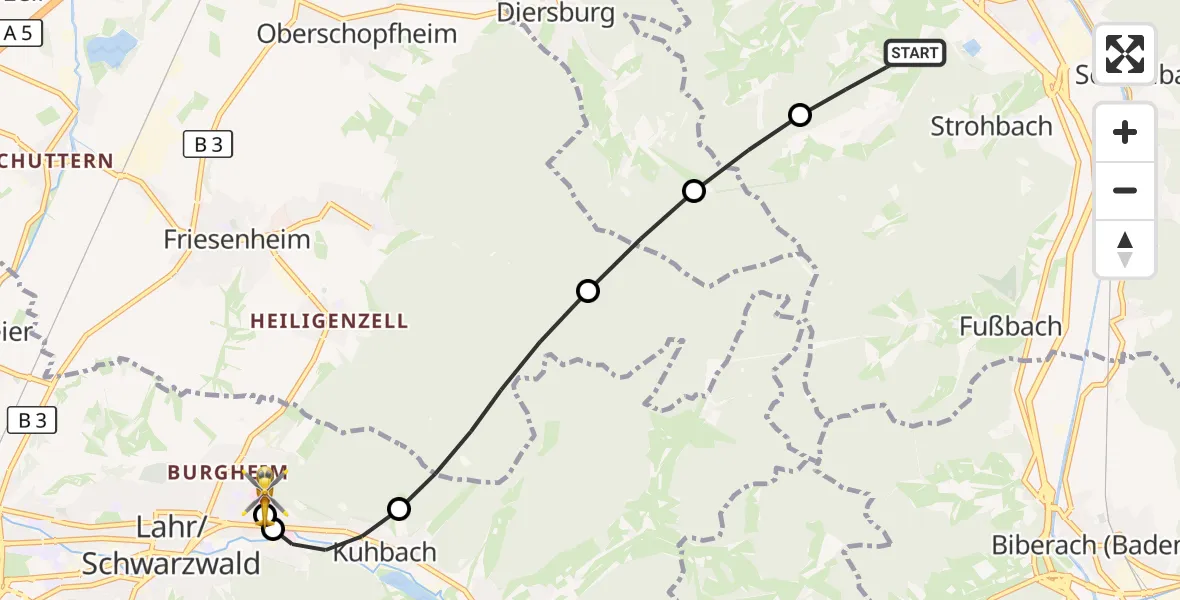 Flugroute Rettungshubschrauber Gengenbach - Ortenau Hospital Lahr-Ettenheim, 12 Juli 2026, 13:43