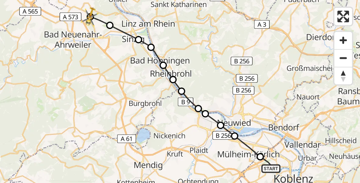 Flugroute Rettungshubschrauber Koblenz - Grafschaft, 12 Juli 2026, 13:43