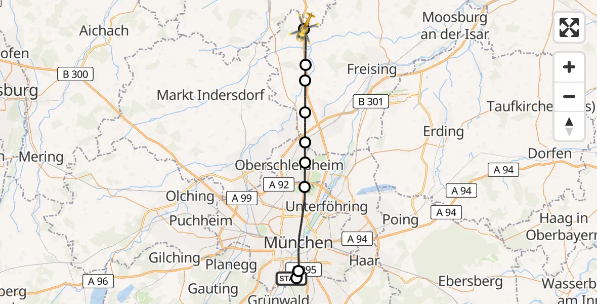 Flugroute Rettungshubschrauber ADAC Air Rescue Center Hubschrauberlandeplatz (Christoph 1) - Paunzhausen, 12 Juli 2026, 13:44
