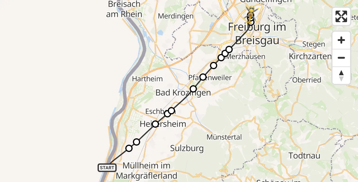 Flugroute Ambulanzhubschrauber Neuenburg am Rhein - Freiburg im Breisgau Flugplatz, 12 Juli 2026, 13:49