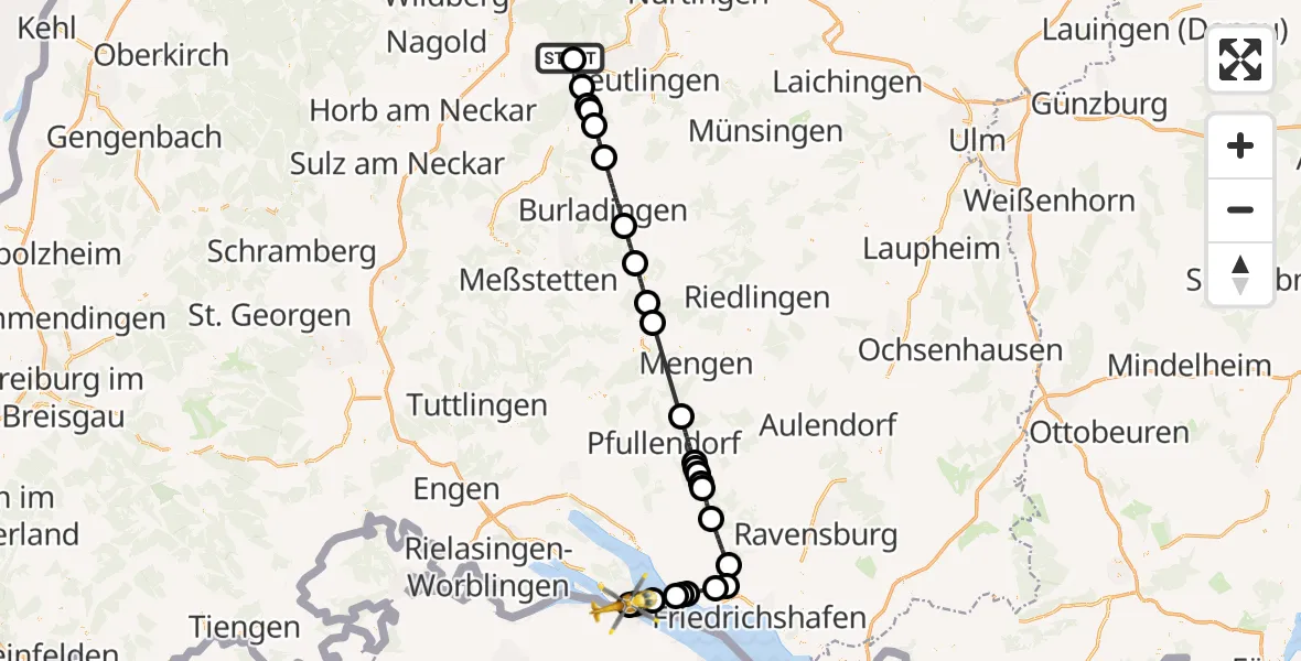 Flugroute Rettungshubschrauber Tübingen University Hospital - Konstanz, 12 Juli 2026, 13:49