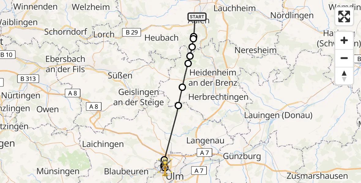 Flugroute Rettungshubschrauber Aalen - Ulm Military Hospital Emergency Hubschrauberlandeplatz, 12 Juli 2026, 13:52